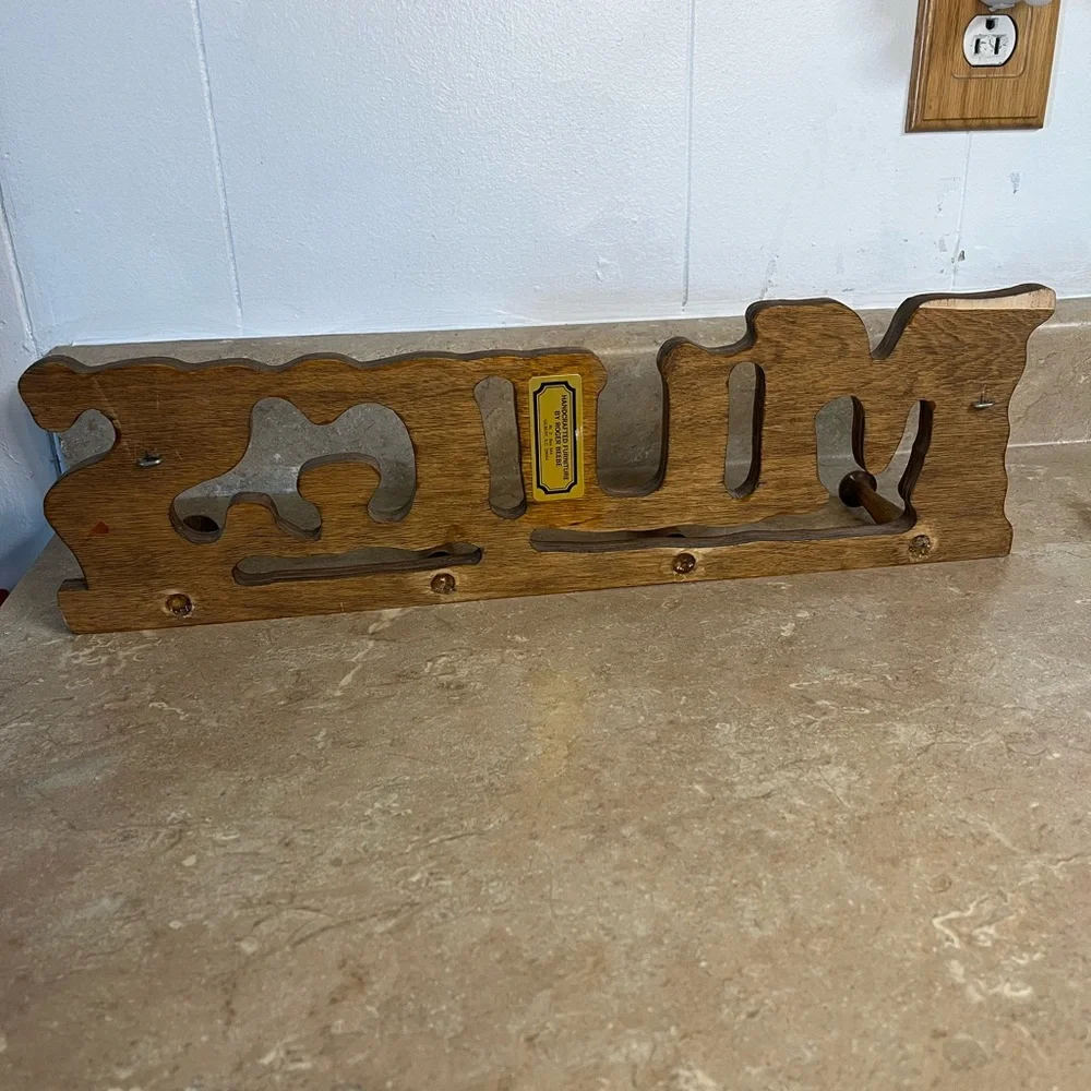 Vintage Wooden 'Mugs' Wall Hook Rack in Warm Brown